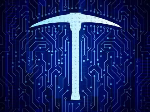 Abstract mining concept with pickaxe and circuit board. Stock Illustration