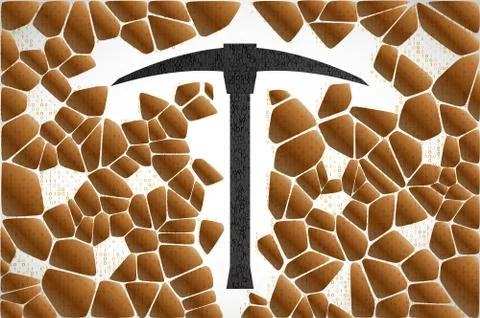 Abstract mining concept with pickaxe, computer code and stones. Stock Illustration