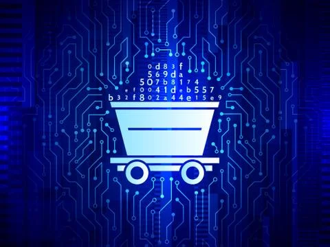 Abstract mining concept with trolley and circuit board texture. Illustrazione stock