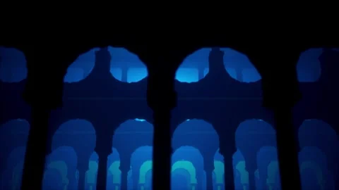 Abstract mirror architectural wall in ancient greek style with blue light in Stock Footage 258369687