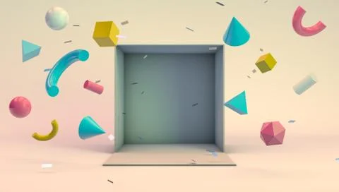 Abstract mock up of colorful geometric objects flying on white opening box Stock Illustration