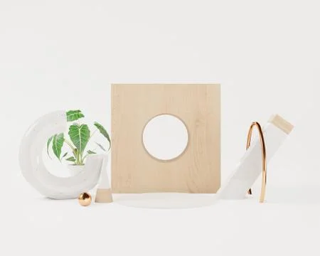 Abstract mock up frame, geometric shape podium background ,golden ring,wooden Stock Illustration