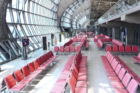 Abstract modern architecture building with empty chair in bangkok airport. Stock Photos