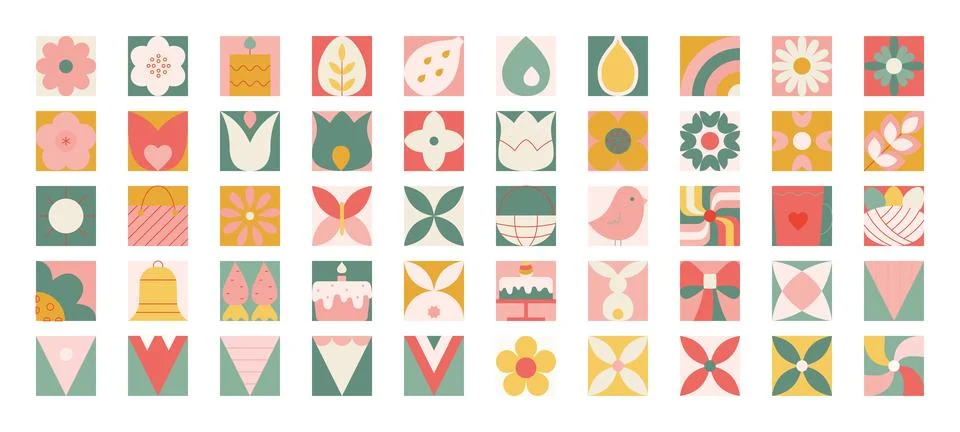 Abstract modern easter geometric elements. Icons with spring flowers, cake Stock Illustration