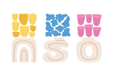 Abstract modern flowers composition in vases. Bright simple tulips, bell Stock Illustration