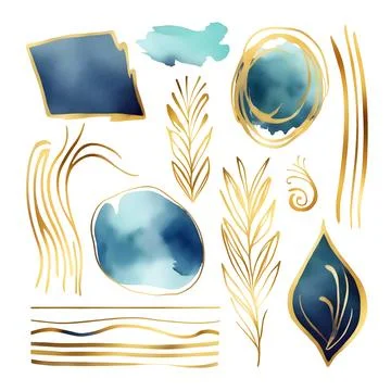 Abstract modern print set of gold and blue watercolor elements on white Illustrazione stock