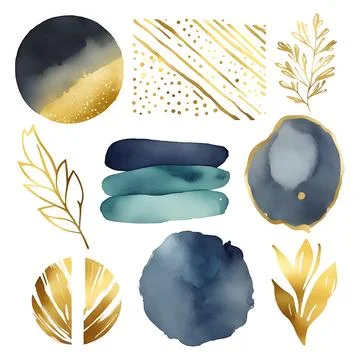 Abstract modern print set of gold and blue watercolor elements on white Stock Illustration