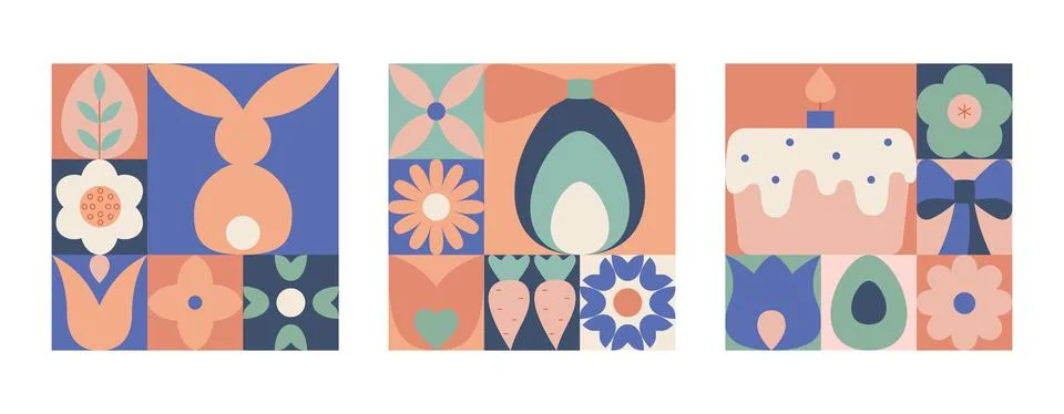 Abstract modern square easter geometric cards, banners. Spring, easter postcards Stock Illustration