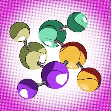 Abstract molecule icon in comic style on retro halftone background Stock-Illustration