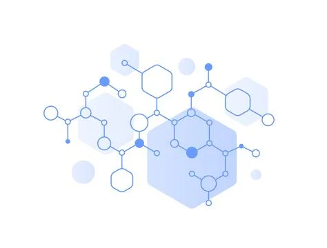Abstract molecule structure connects hexagons circles lines bonds symbolizing Stock Illustration