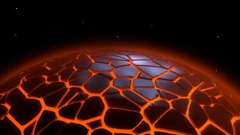 Abstract molten planet covered with black stones. Glowing lava. Apocalypse Stock Illustration