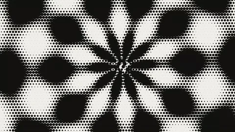 Abstract monochrome halftone pattern forming a radial flower shape a geometric Stock Footage 347583274