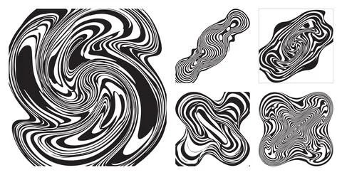 Abstract monochrome liquid swirl patterns set featuring fluid distorted black an Stock Illustration