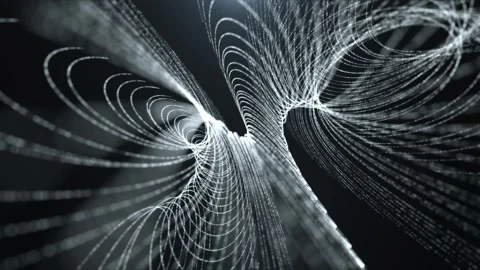 Abstract monochrome particle waves twisting into elegant spirals, forming a d Stock Footage 327808484