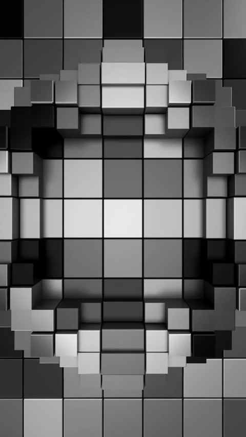 Abstract Monochrome Pixelated Vertical Ring Looping 3D Background. 3D rendering Vidéo 329224997