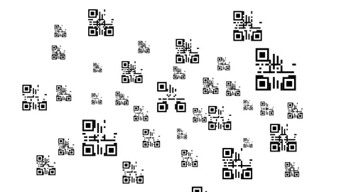 Abstract monochrome QR code matrix background with floating digital pixel Stock Footage 341329533