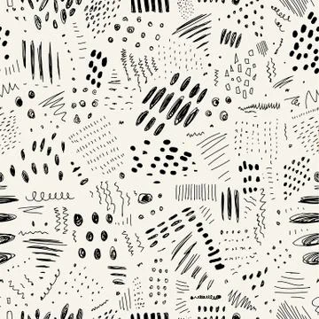 Abstract monochrome seamless pattern with lines, spots and dots. Vector texture 스톡 일러스트