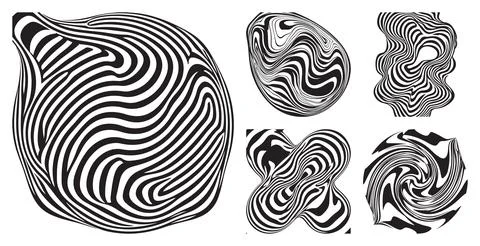 Abstract monochrome set of distorted shapes with wavy lines for creative graphic Stock Illustration