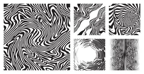 Abstract monochrome set of distorted wave patterns with black and white wavy lin Stock Illustration