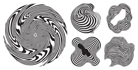 Abstract monochrome set of distorted wave shapes and circular spiral patterns fo Stock Illustration