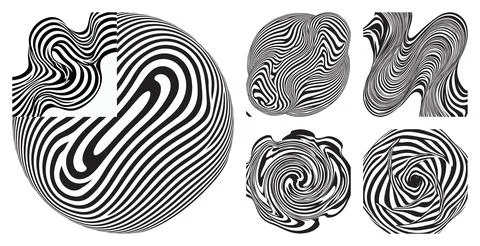 Abstract monochrome set of distorted wave patterns and liquid optical illusion s イラスト素材