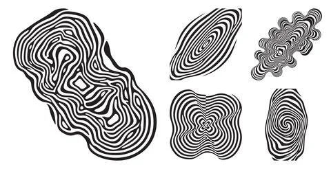 Abstract monochrome set of distorted wave patterns and liquid marble shapes in b Stock Illustration