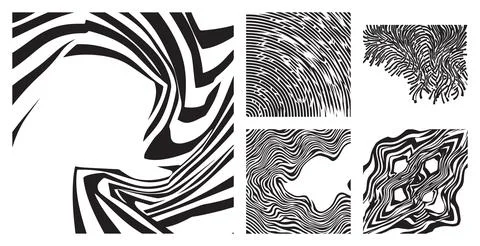 Abstract monochrome set of dynamic wavy line patterns and distorted shapes for m Illustrazione stock