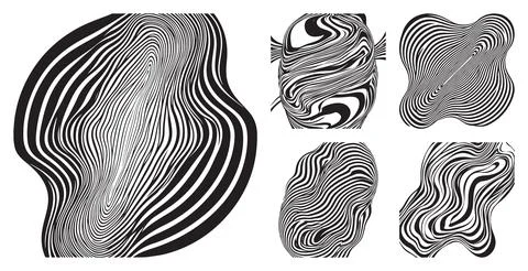 Abstract monochrome set featuring distorted wave patterns and liquid organic sha Stock Illustration
