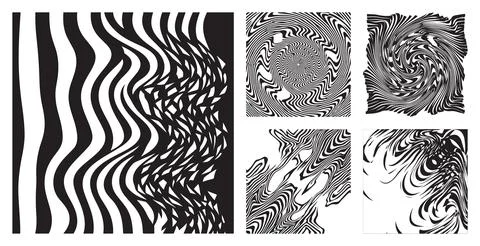 Abstract monochrome set featuring distorted wavy lines and liquid artistic patte Stock Illustration