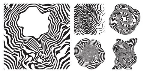 Abstract monochrome set featuring distorted wavy lines and liquid spiral pattern Illustrazione stock