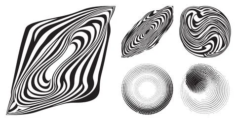 Abstract monochrome set featuring distorted wave patterns and dotted circular sh Stock Illustration