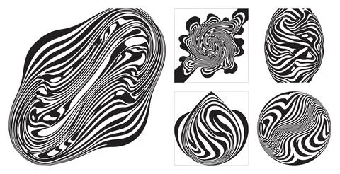 Abstract monochrome set featuring liquid wavy stripes and distorted geometric sh Stock Illustration