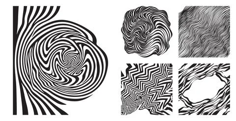 Abstract monochrome set featuring various optical illusion patterns with swirlin イラスト素材