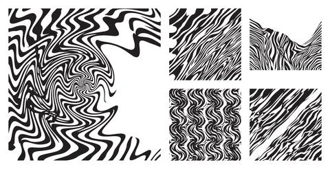 Abstract monochrome set of twisted wavy lines and warped zebra patterns for arti Stock Illustration