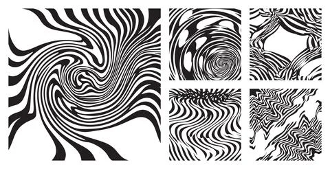 Abstract monochrome set of wavy lines in black and white featuring swirling patt Stock Illustration