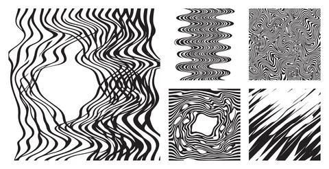 Abstract monochrome set of wavy lines and distorted geometric patterns in black Stock Illustration