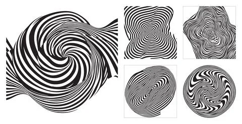 Abstract monochrome swirl patterns with distorted black and white lines creating Stock Illustration