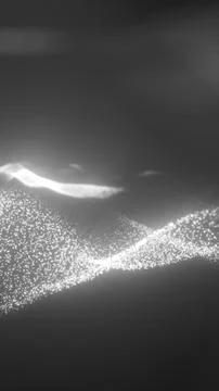 Abstract monochrome visualization of glowing white particles forming dynamic  Stock Illustration
