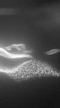 Abstract monochrome visualization of glowing white particles forming dynamic  Illustrazione stock