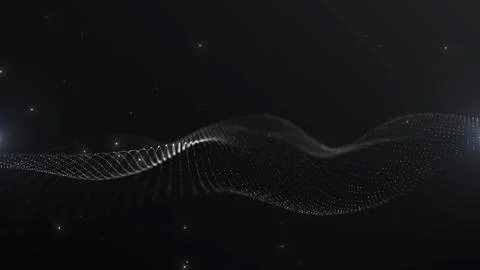 Abstract monochrome wave made of small glowing dots on dark background. Dig.. Stock Illustration