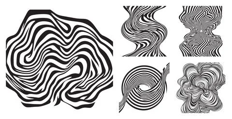 Abstract monochrome wavy line patterns collection featuring dynamic distorted st Stock Illustration