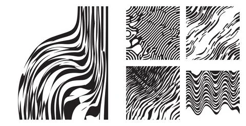 Abstract monochrome wavy line patterns set featuring organic fluid shapes and mo Stock Illustration