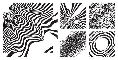 Abstract monochrome wavy line patterns collection featuring modern black and whi Stock Illustration