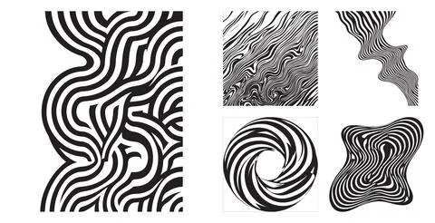Abstract monochrome wavy line patterns collection featuring dynamic distorted st Stock Illustration