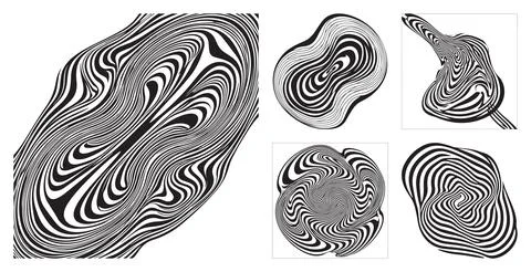 Abstract monochrome wavy line patterns featuring dynamic swirling shapes and hyp Stock Illustration