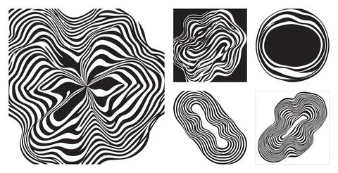 Abstract monochrome wavy line patterns featuring organic shapes and swirling dis Illustrazione stock