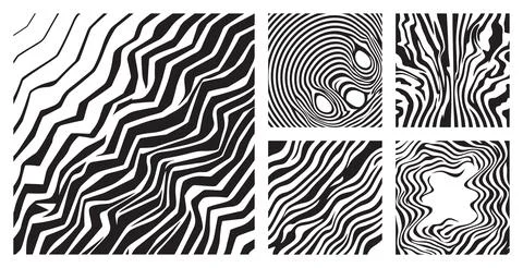 Abstract monochrome zebra stripe patterns set featuring wavy lines and distorted Stock Illustration