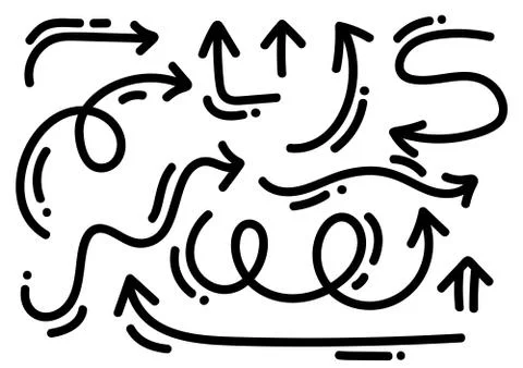 Abstract monoline Vector Arrows set. Doodle hand made marker style. Isolated Stock Illustration