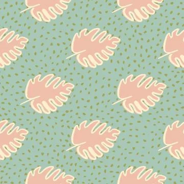 Abstract monstera leaf seamless pattern on dots background. Tropical leaves v Stock Illustration