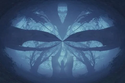 An abstract, moody circular effect. looking up into a forest Stock Photos